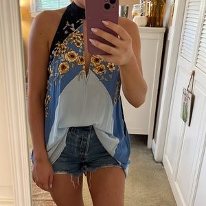 Free People Blue Floral Long Flowy High Neck Tie Top